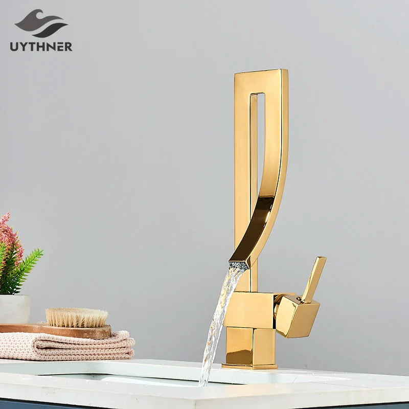 Afralia™ Waterfall Brass Basin Faucet, Single Handle Hot Cold Mixer for Bathroom Sink