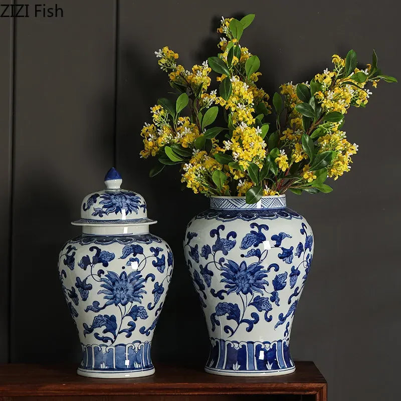 Afralia™ Blue White Porcelain Bird Flower Jar Tea Canister Vase Desk Decor