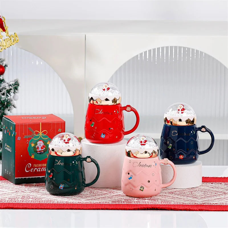 Afralia™ Santa Claus Ceramic Mug with Snowball Lid | Creative Xmas Gift Home Office Cup