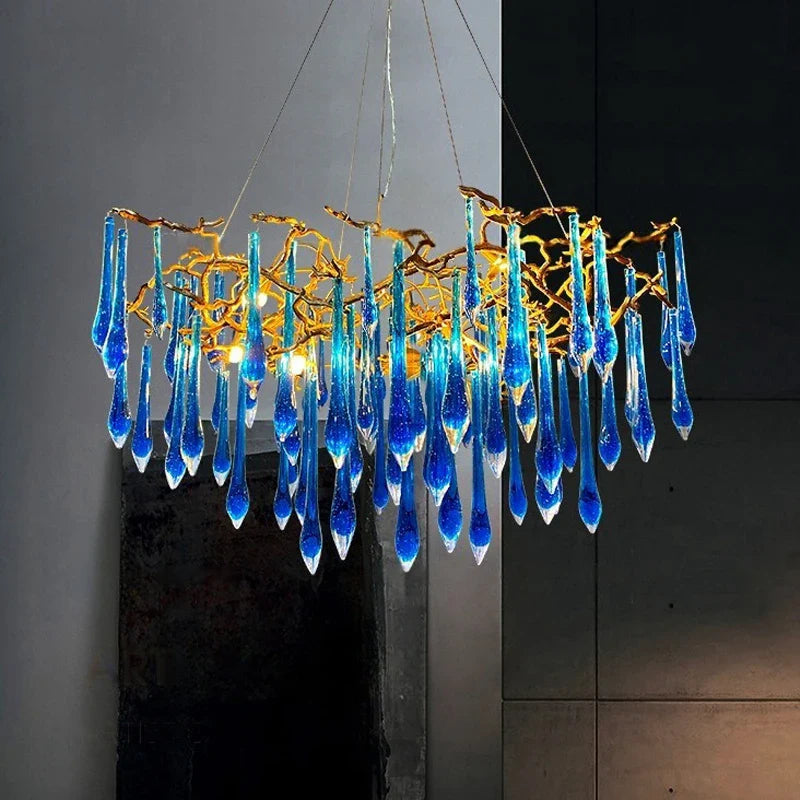 Afralia™ Classic Blue Crystal LED Hanging Chandelier for Elegant Living & Kitchen Decor