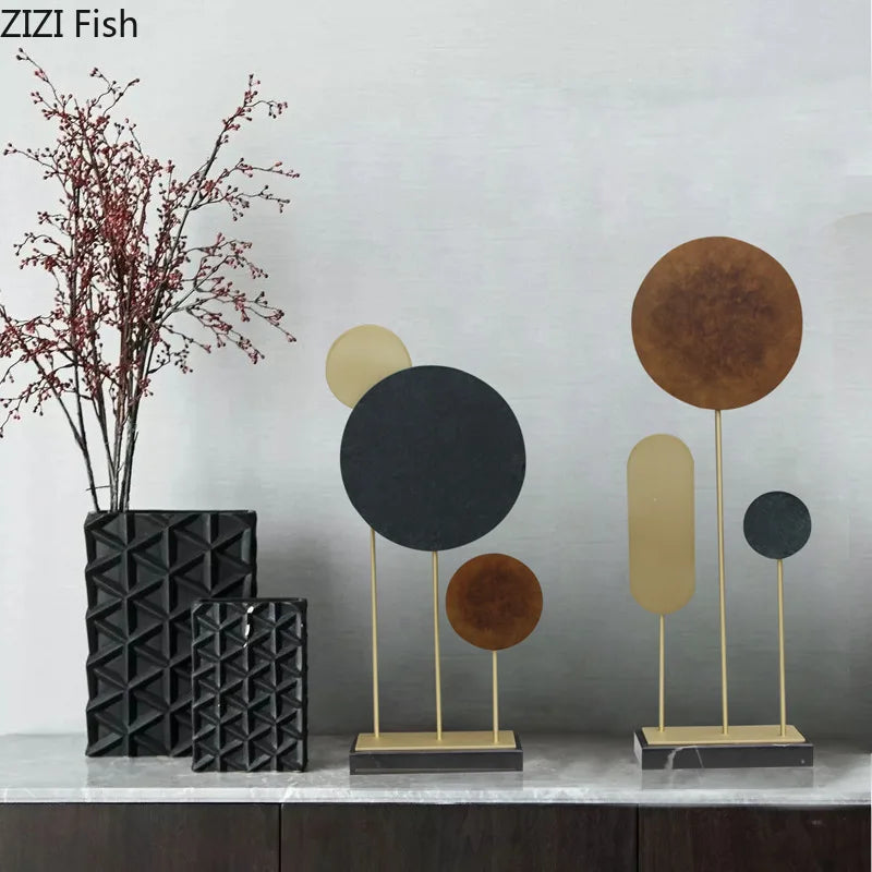 Afralia™ Geometric Alloy Crafts Marble Base Statue Modern Home Decor