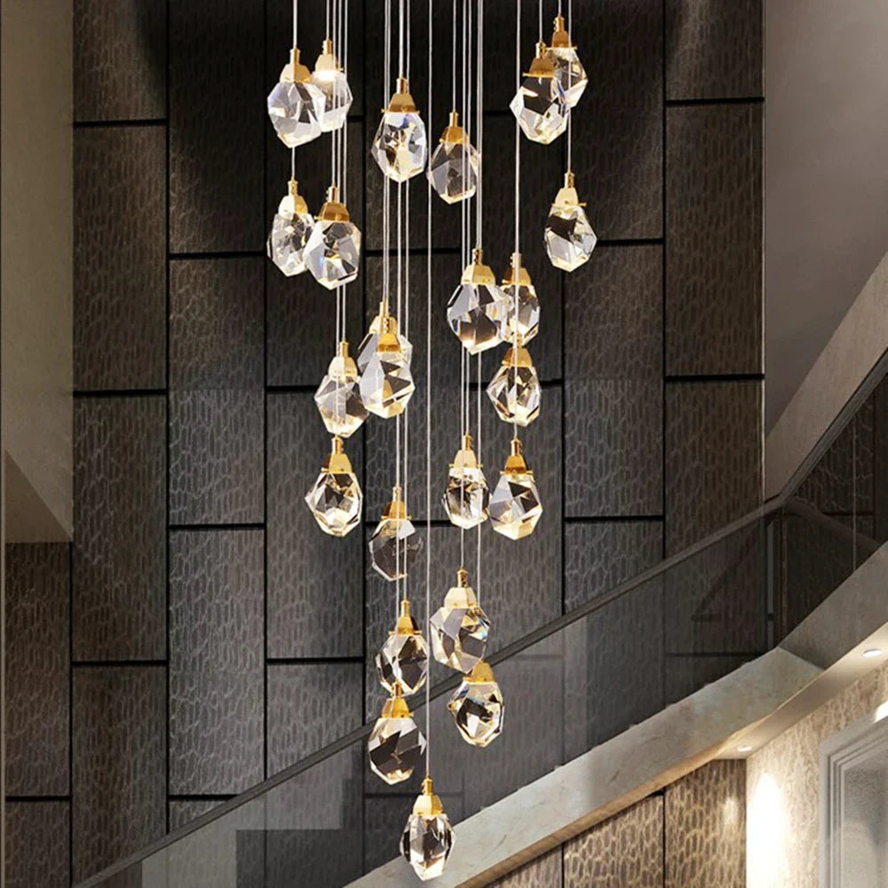 Afralia™ Diamond Crystal Chandelier Staircase LED Golden Large Living Room Hall Lighting