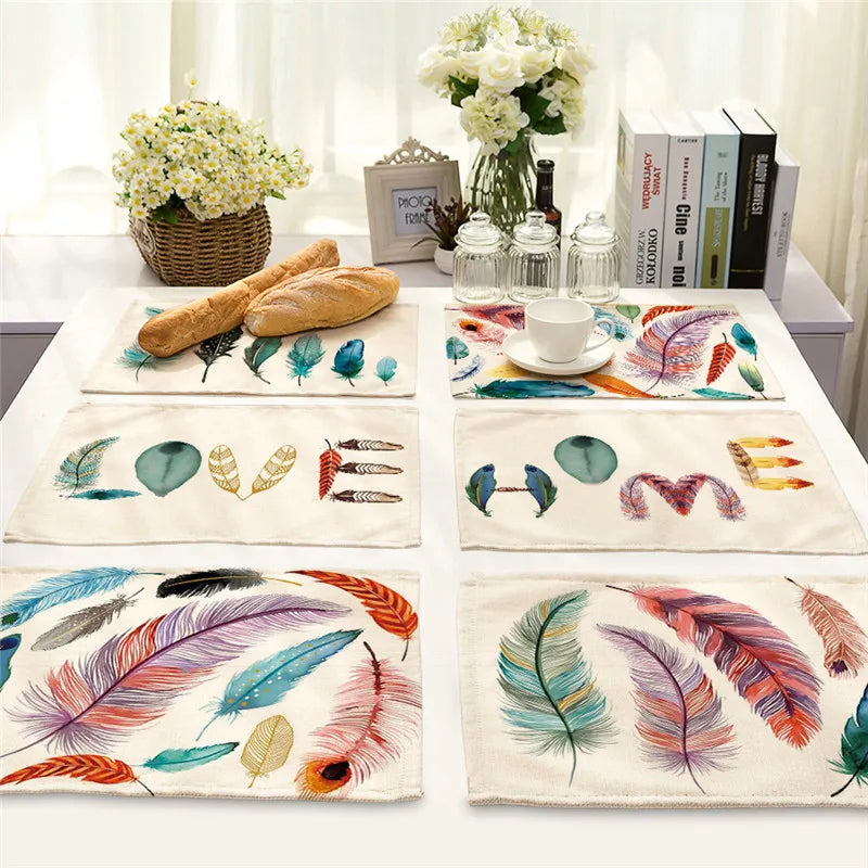 Colorful Feather Print Kitchen Placemats by Afralia™ - Set of 1