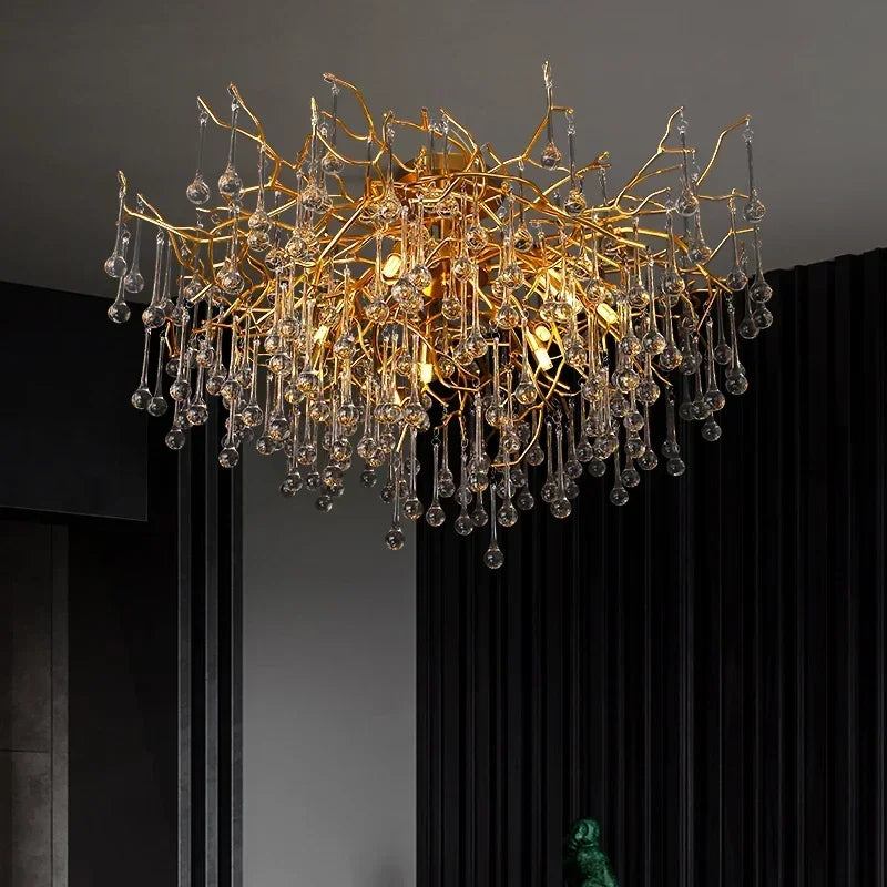 Afralia™ Nordic Gold Crystal Chandelier LED Light Fixture for Living Room Hotel Hall Art Decor