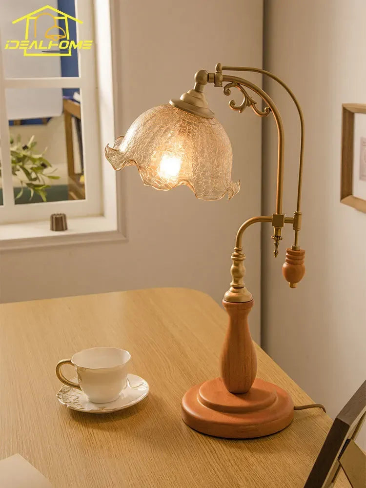 Afralia™ Vintage Glass Table Lamp LED E27 Wood Base Classic Design Home Decor