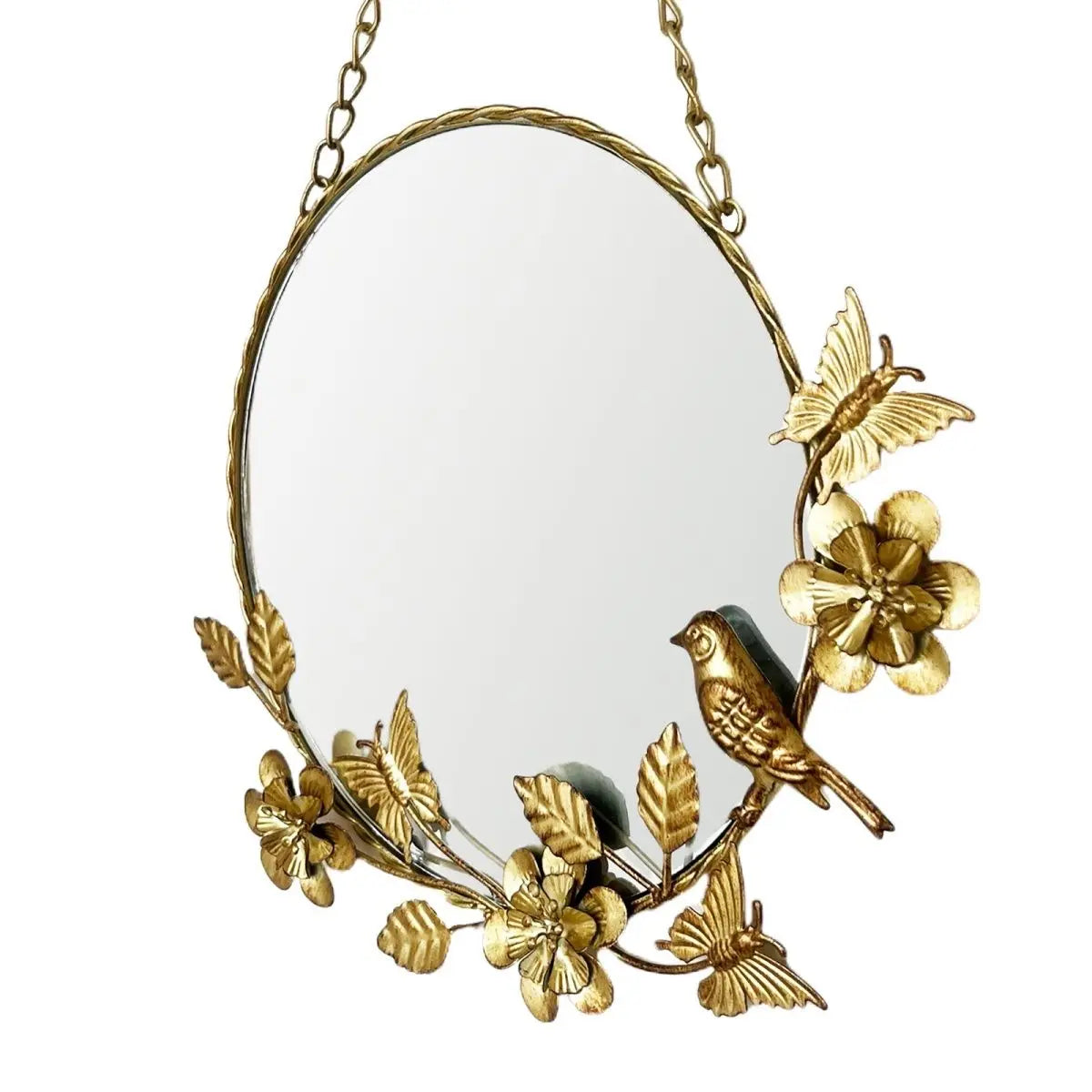 Afralia™ Metal Flower and Bird Decorative Mirror, Wrought Iron Retro American French Style Mirror