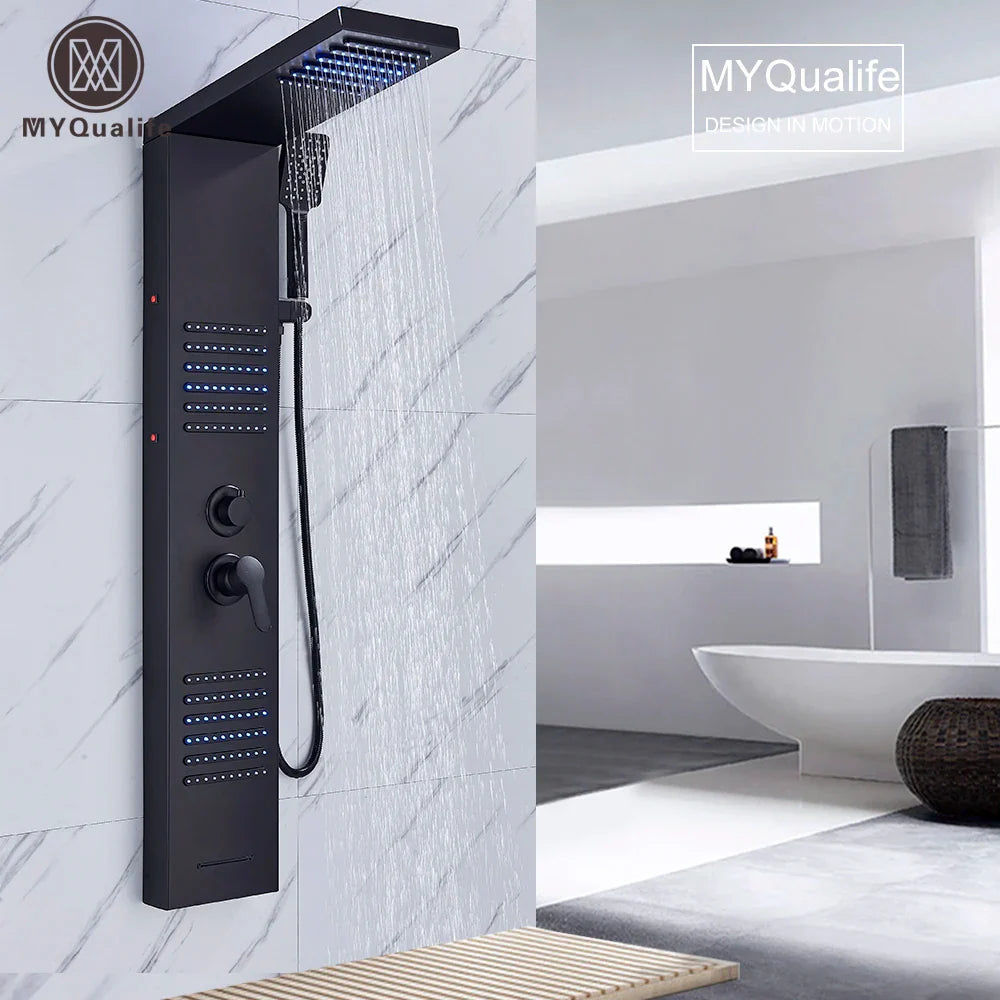 Afralia™ Matte Black LED Shower Panel with Waterfall Rain Shower and Massage Jets