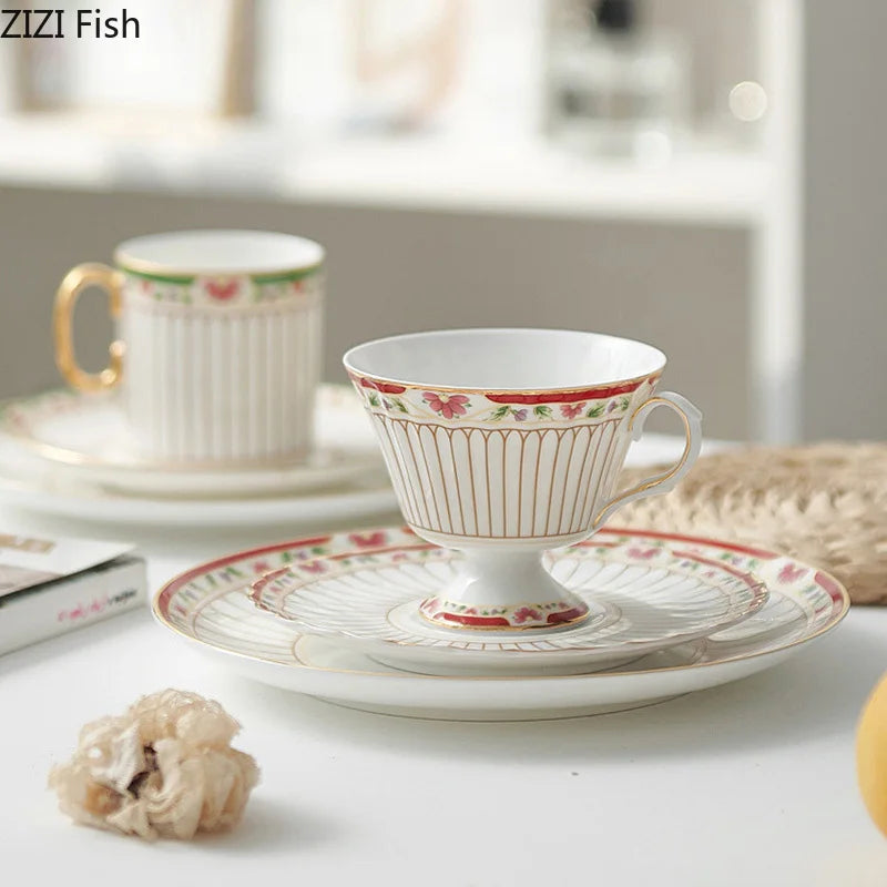 Afralia™ Gold-Striped Ceramic Cup & Saucer Set for Dining Table Coffee Milk Tea Juice