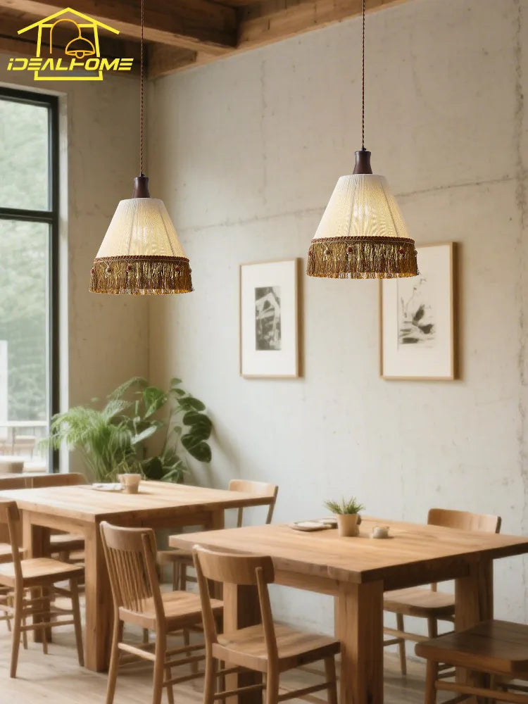 Afralia™ Wabi-sabi Vintage Pendant Light with LED E27, Cotton Tassel, Wood for Home Decor