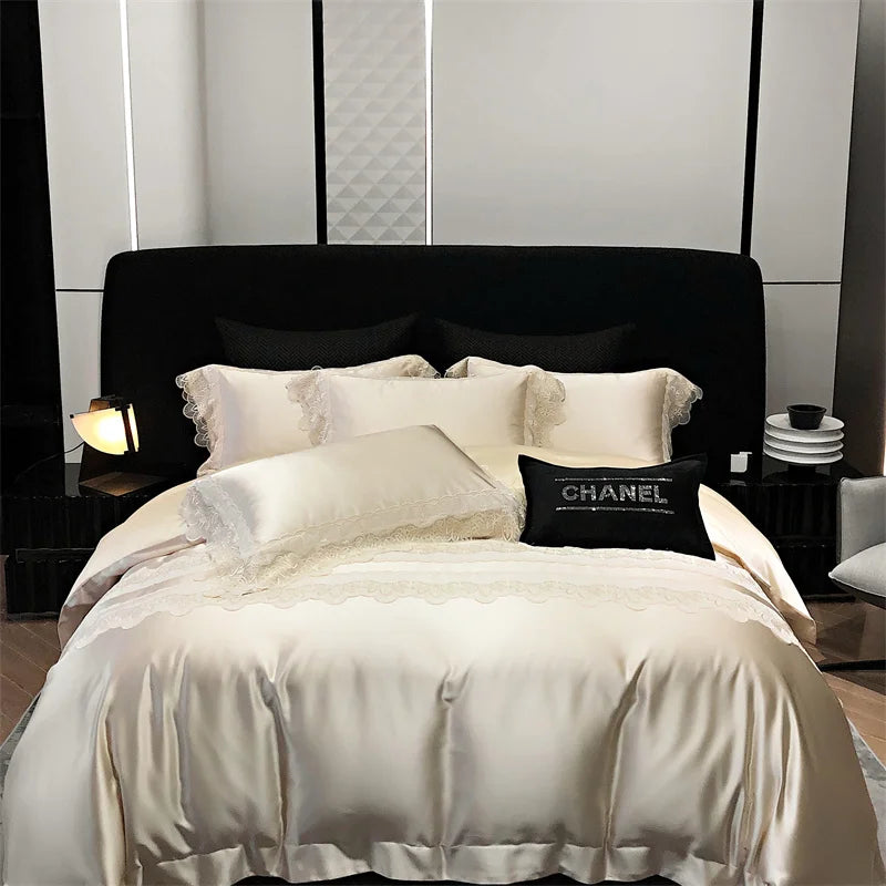 Afralia™ Lace Patchwork Silk Cotton Luxury Bedding Set Queen King Size