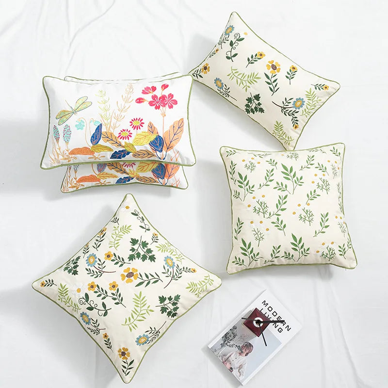 Afralia™ Botanical Floral Embroidered Cushion Cover - Country Style Decorative Pillowcase
