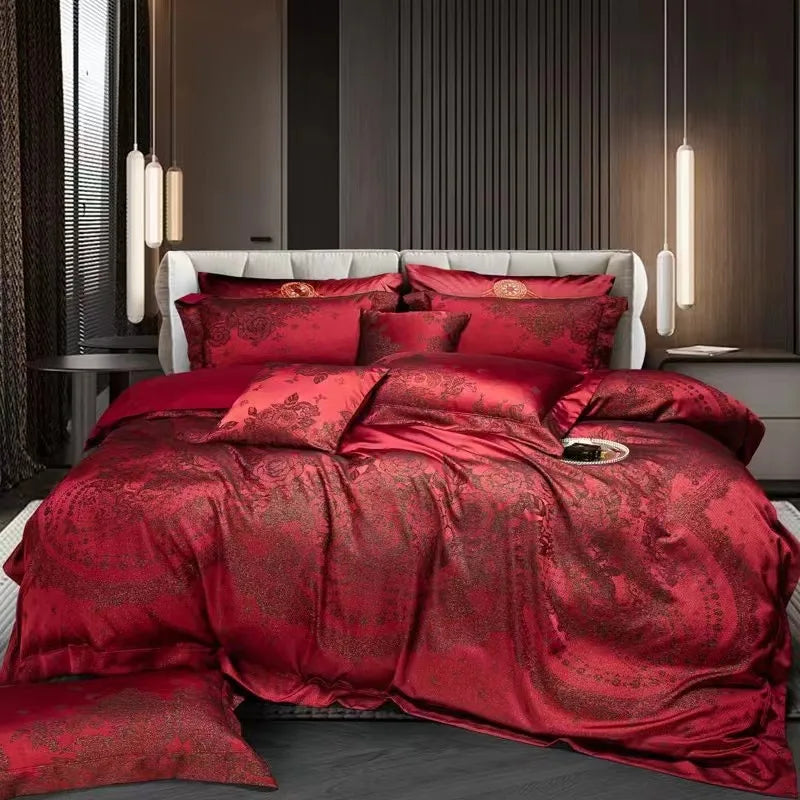 Afralia™ Burgundy Red Luxury Jacquard Egyptian Cotton 5Pcs Bedding Set