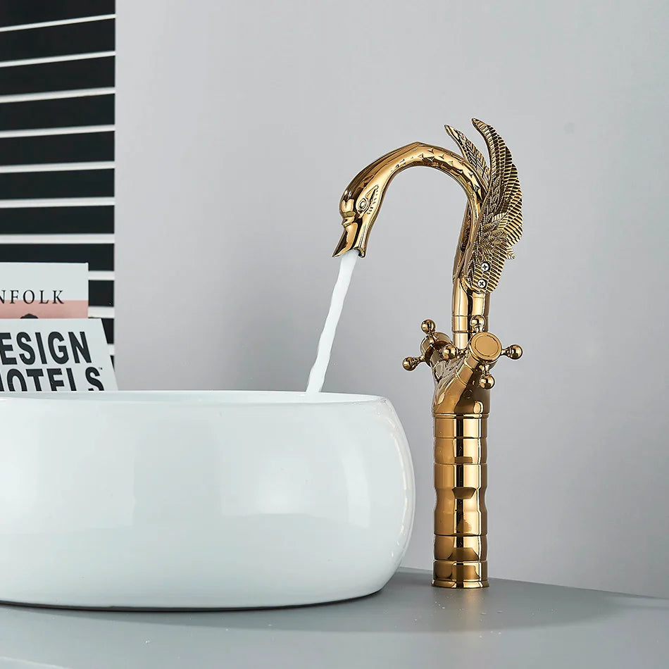 Afralia™ Swan Luxury Brass Faucet for Bathroom Washbasin in Black/Gold/Antique Finish