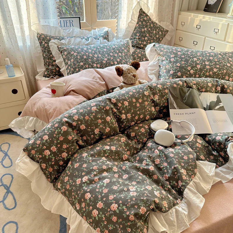 Afralia™ Floral Lace Ruffles Bedding Set 3/4Pcs Single Queen Size Duvet Cover