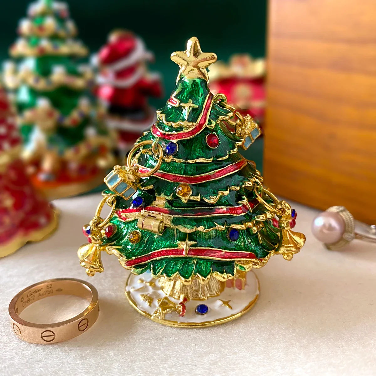Bejeweled Xmas Tree Ring Holder: Hand-Painted Metal Trinket Box by Afralia™