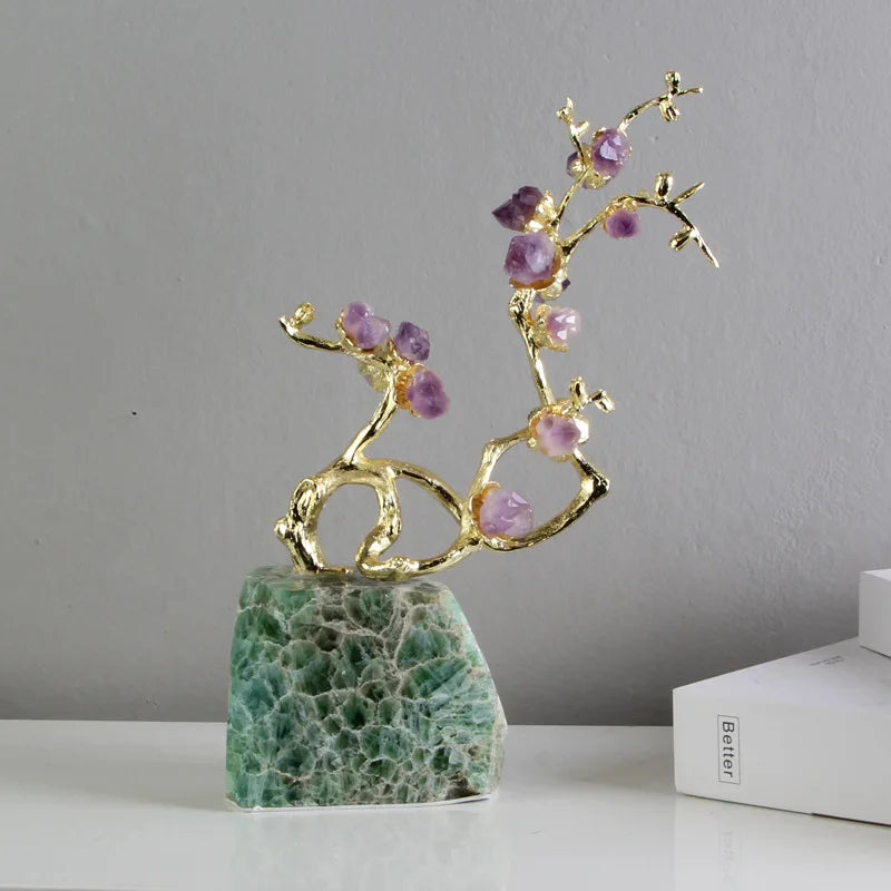Afralia™ Amethyst Brass Tree Ornament Crystal Simulation Plant Sculpture Home Decoration