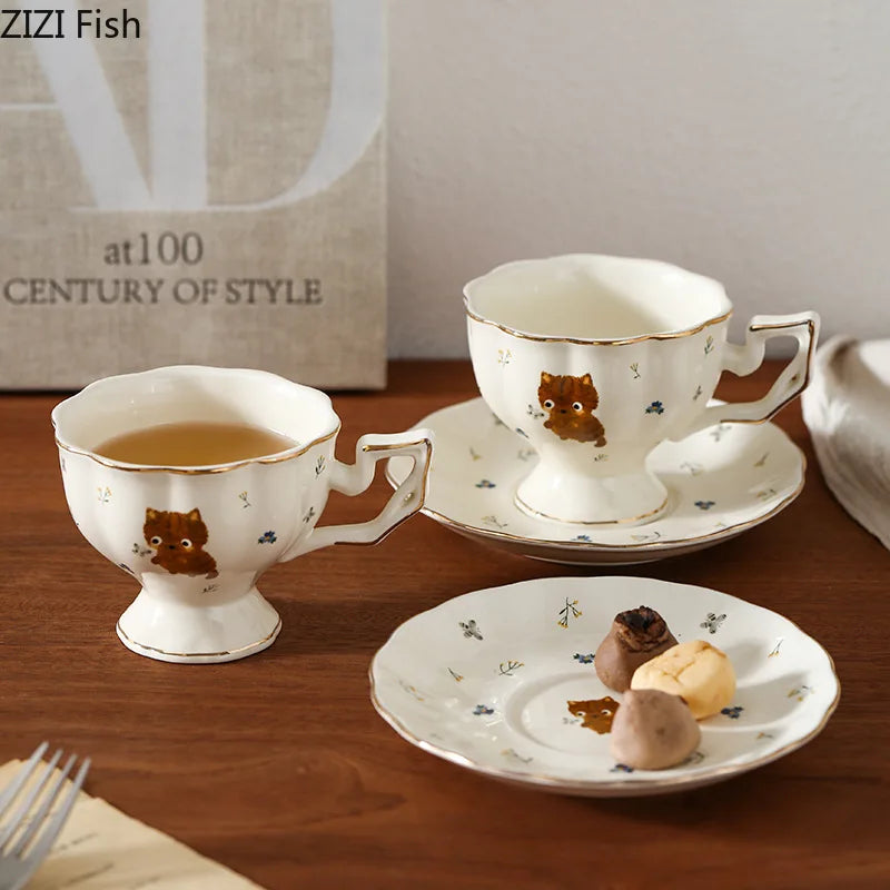 Afralia™ Cartoon Kitten Pattern Porcelain Coffee Mug Set Ayshacollection