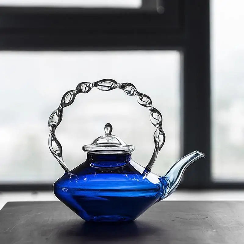 Afralia™ Blue Glass Teapot - Japanese Style Heat-Resistant Twisted Handle Glass Teapot