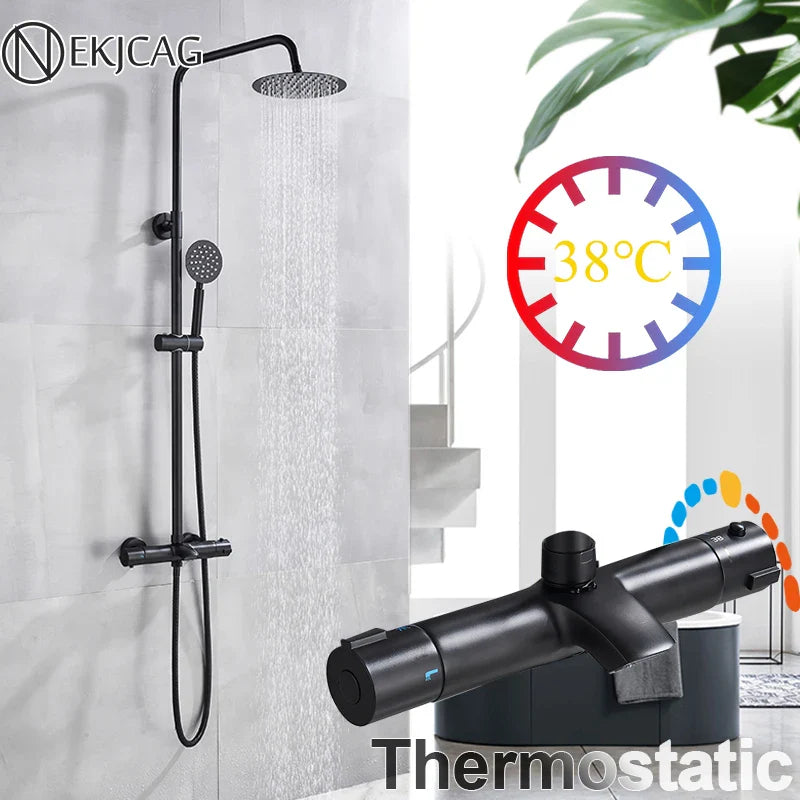 Afralia™ Black Shower Faucet Set with Thermostatic Control and 8" Rainfall Head
