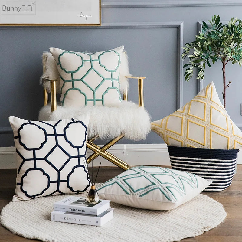 Afralia™ Geometric Embroidery Cushion Cover Navy Blue White Yellow 50x50cm Home Decor Pillow