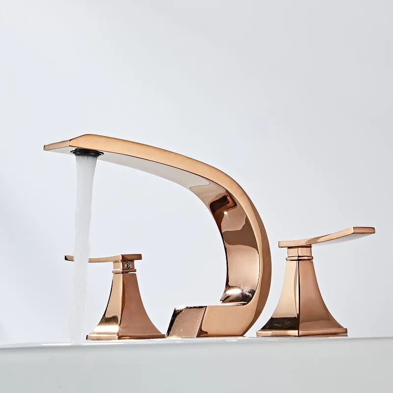 Afralia™ Rose Gold Black Basin Faucet, Luxury Gold Widespread Bathroom Mixer - Hot Cold