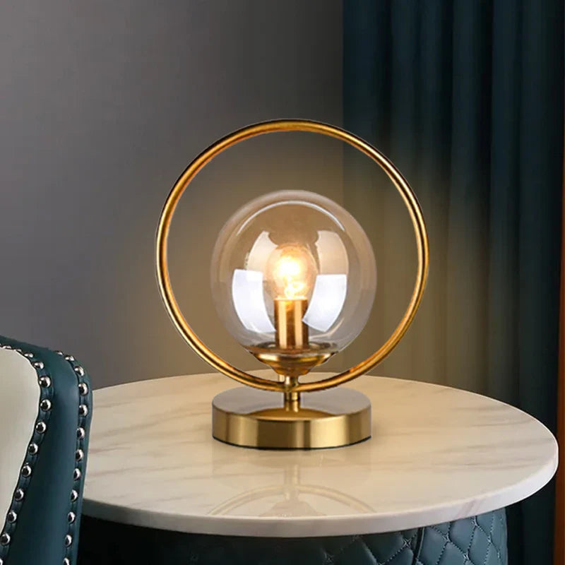 Afralia™ LED Glass Ball Brass Ring Table Lamp for Stylish Living and Bedroom Lighting