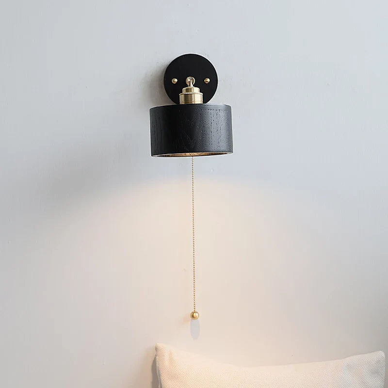 Afralia™ Black Wood LED Wall Light with Pull Chain Switch, Rotating Japanese Style Bedside Lamp