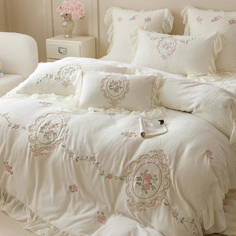 Afralia™ Velvet Rose Flowers Ruffles Princess Bedding Set with Embroidery