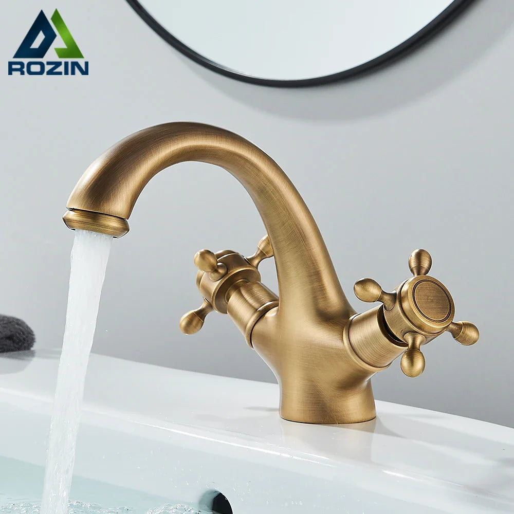 Afralia™ Antique Brass Dual Handle Basin Faucet Deck Mounted Bathroom Mixer Tap