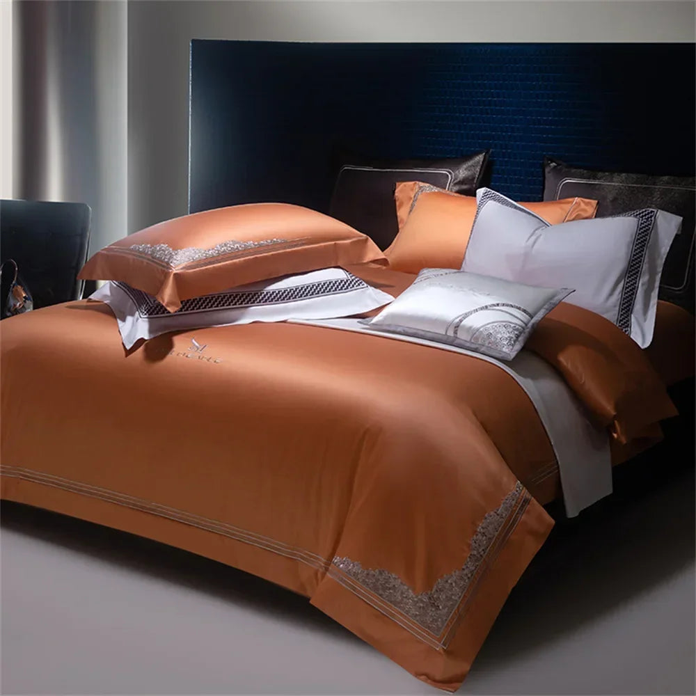 Afralia™ Satin Jacquard Embroidery Bedding Set King Queen with Egyptian Cotton - 4 Piece