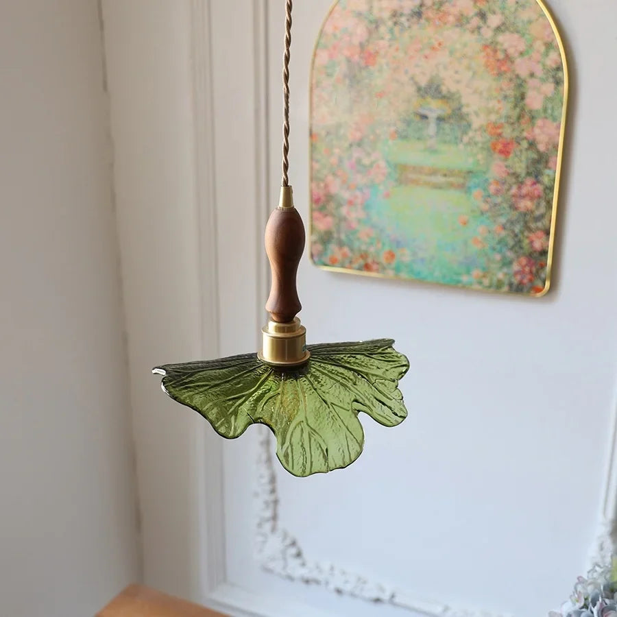 Afralia™ LED Pendant Lights Green Glass Copper Socket with Walnut Wood - Nordic Modern