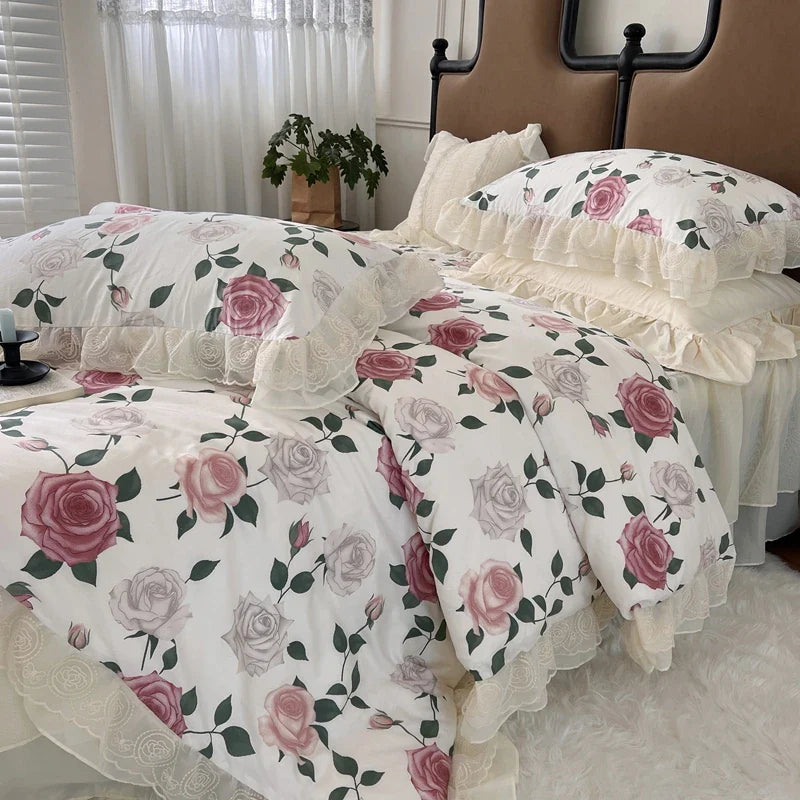 Afralia™ Vintage French Rose Flowers Double Layer Lace Ruffles Bedding Set
