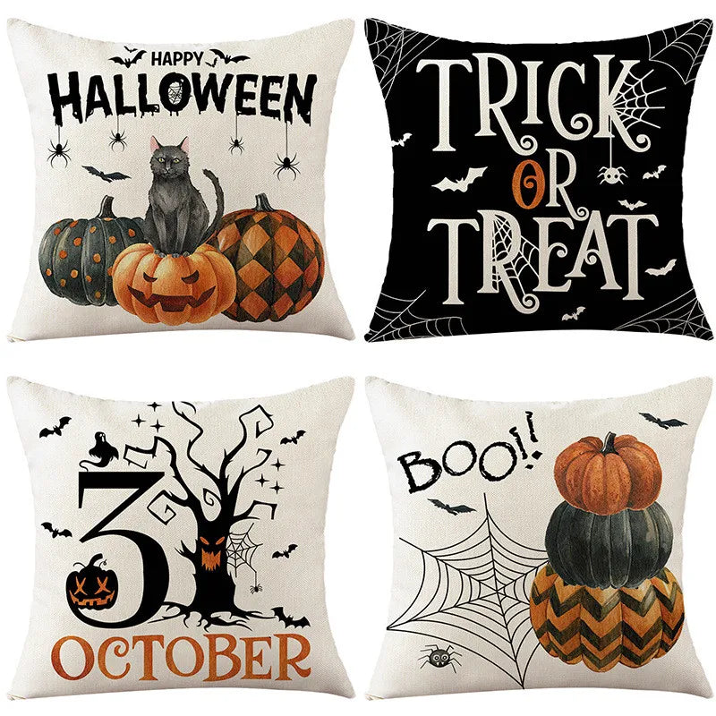 Halloween Linen Pillowcase Black Witch Ghost Print Throw Pillow Cover by Afralia™