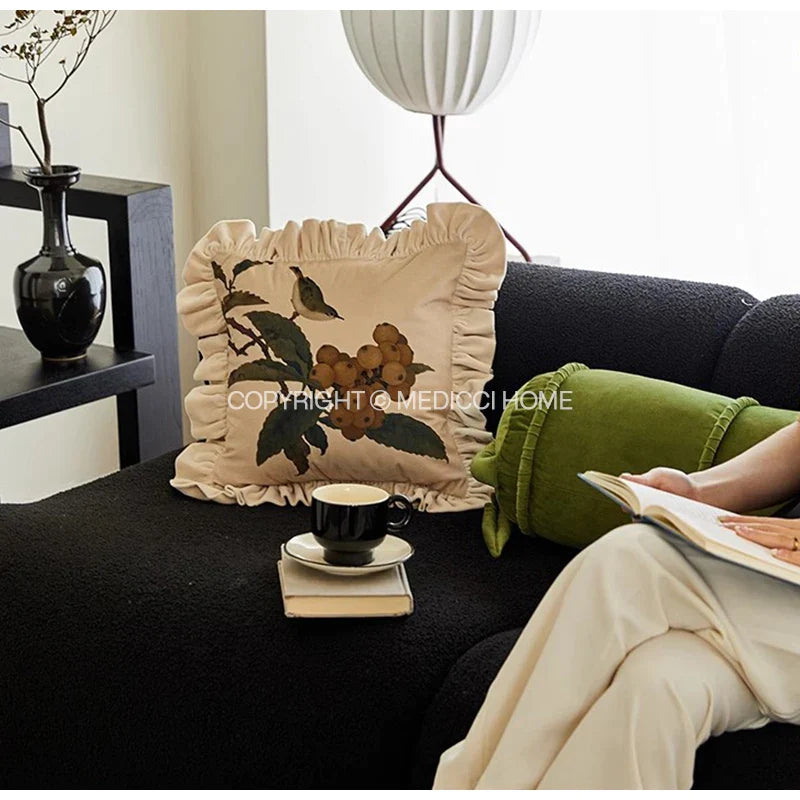 Afralia™ Loquat Plant Bird Velvet Cushion Cover 43x43cm - Orientalism Style Home Decor