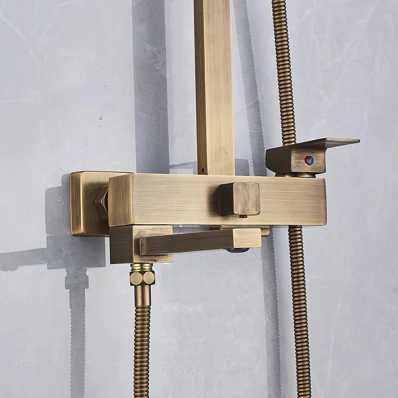 Afralia™ Square 8" Antique Brass Bathroom Shower Faucet Mixer Set - Rainfall Shower Head