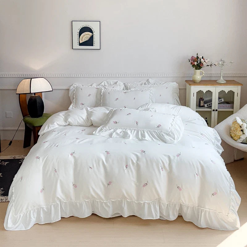 Afralia™ Korean Princess Rose Flowers Lace Ruffles Bedding Set - Soft Cotton Duvet Cover