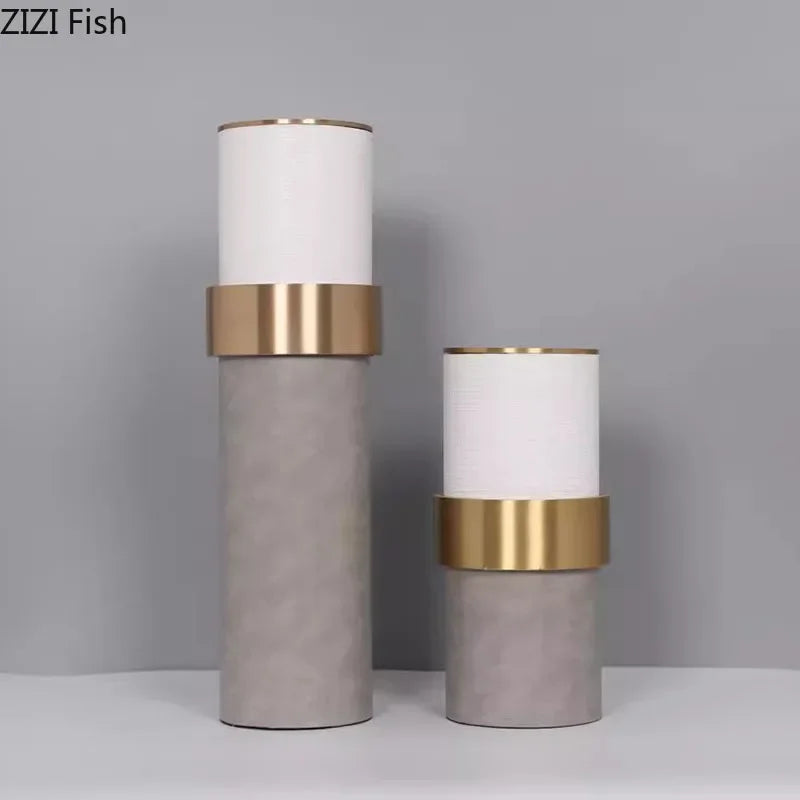 Afralia™ Gold Cylinder Vase Leather Desk Decor Artificial Flower Arrangement