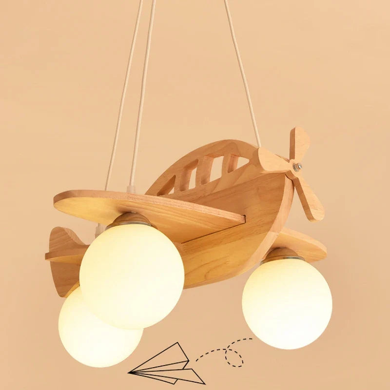 Afralia™ Wood Aircraft Chandelier for Children's Room LED Pendant Lamp
