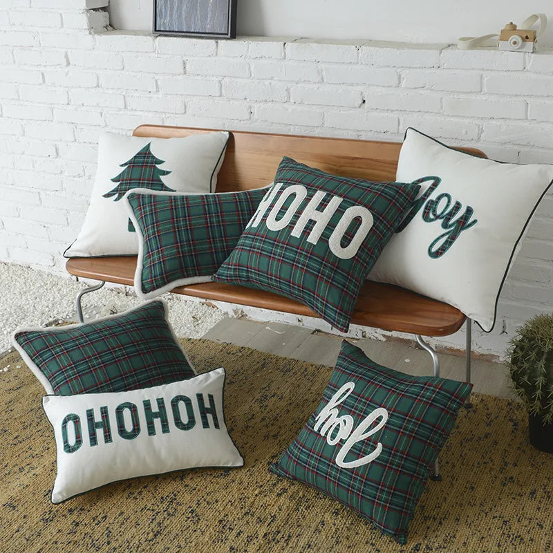 Afralia™ Christmas Letter Embroidery Plaid Cushion Cover Set