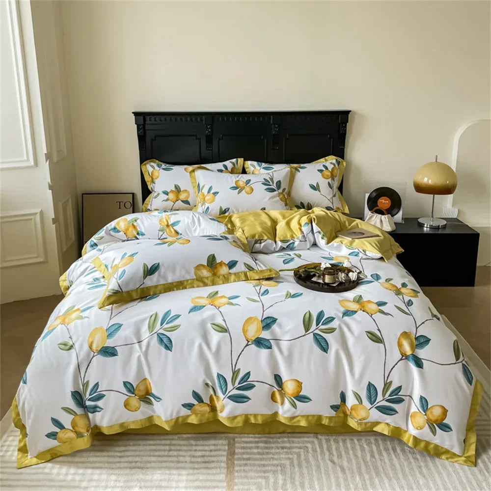 Afralia™ Yellow Lemon Fruit Satin Egyptian Cotton Duvet Cover Set - Queen King Size