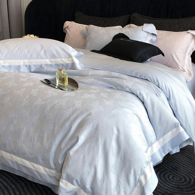 Afralia™ Butterfly Jacquard Bedding Set - 4Pcs Brushed Lyocell Cotton Duvet Cover & Sheet