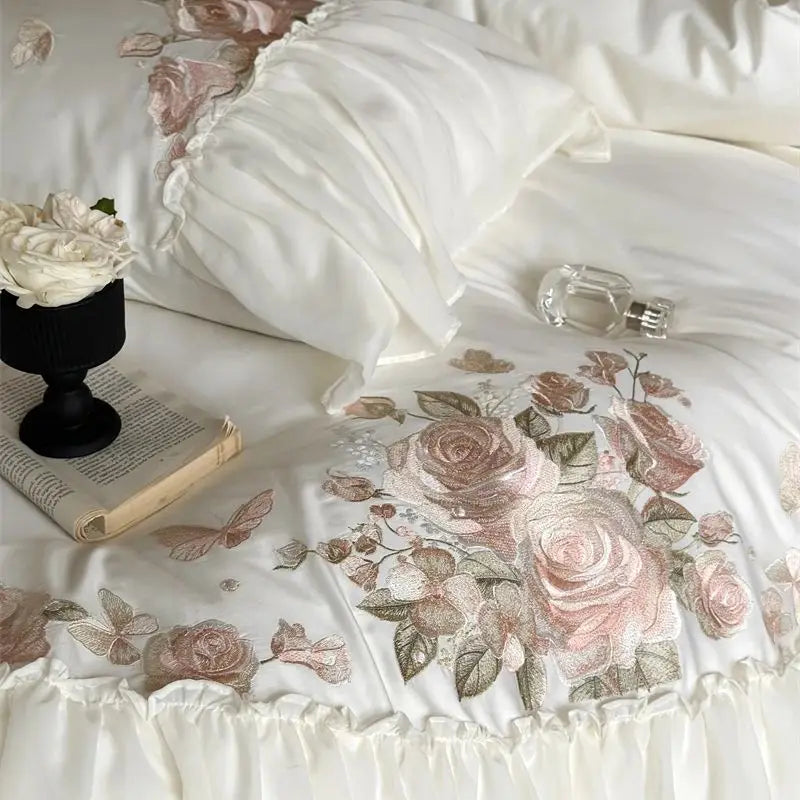 Afralia™ Luxe Lace Ruffles Wedding Bedding Set Flowers Embroidery Duvet Sheet Pillowcase