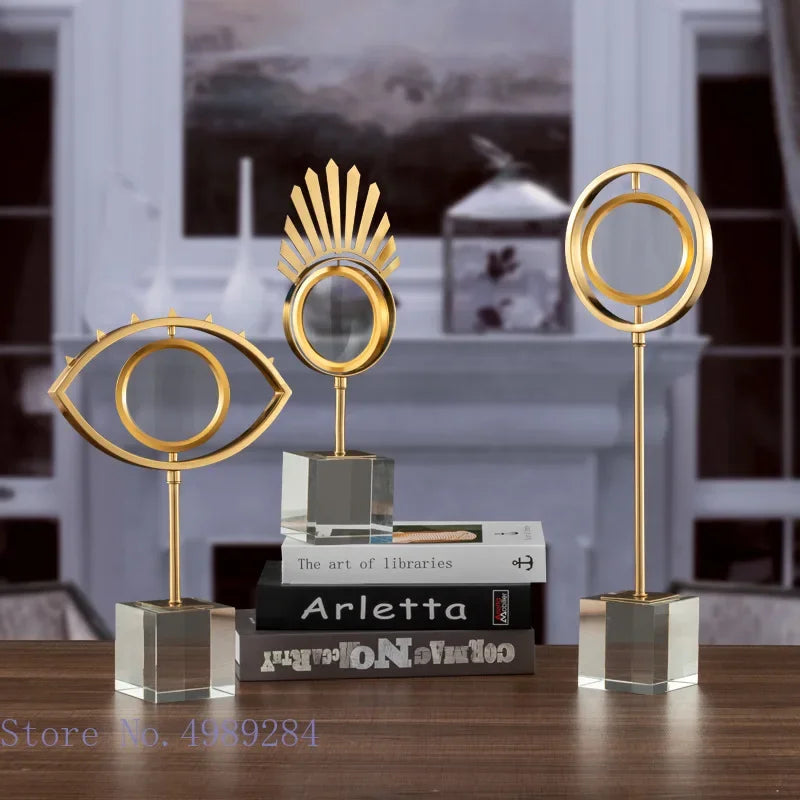 Afralia™ Golden Metal Eyes Magnifying Glass with Crystal Glass Base - Modern Home Decoration