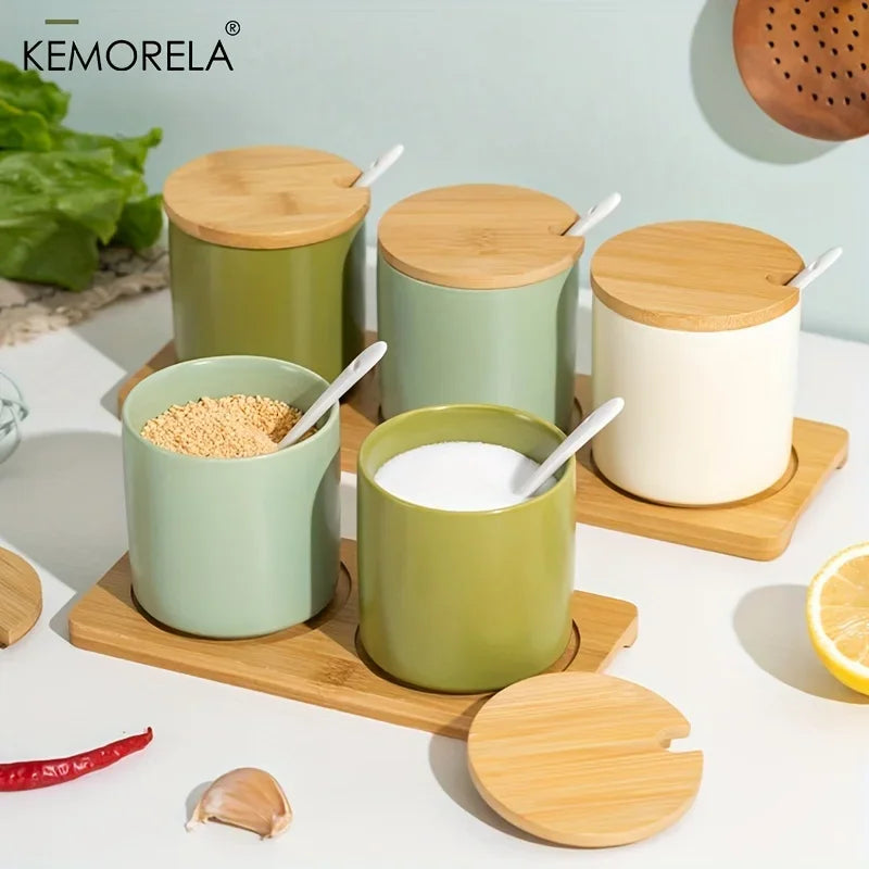 Afralia™ Japanese Retro Ceramic Seasoning Jar Set with Tray - 3-Piece Kitchen Organizer
