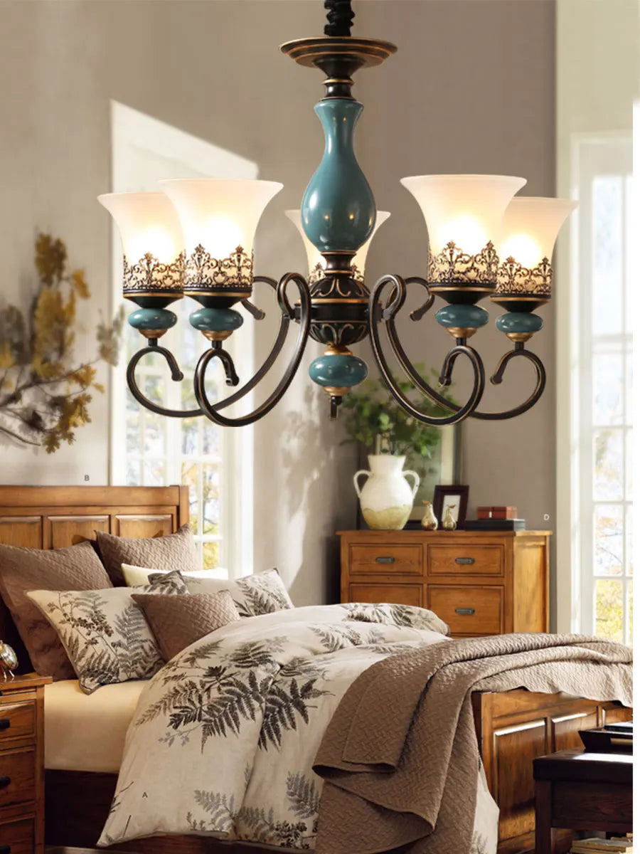 Afralia™ Retro Ceramic Chandelier with Glass Lampshade for Living Room, Bedroom, Dining Room