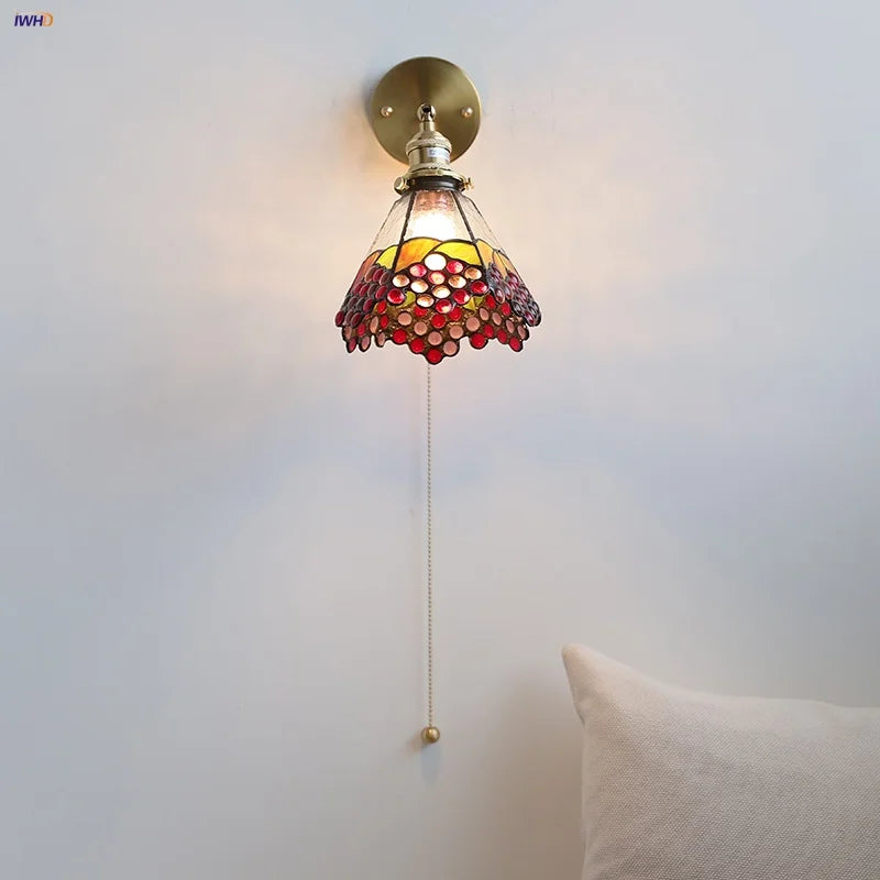 Afralia™ Glass LED Wall Light Tiffany Style Sconce, Pull Chain Switch, Colorful Design