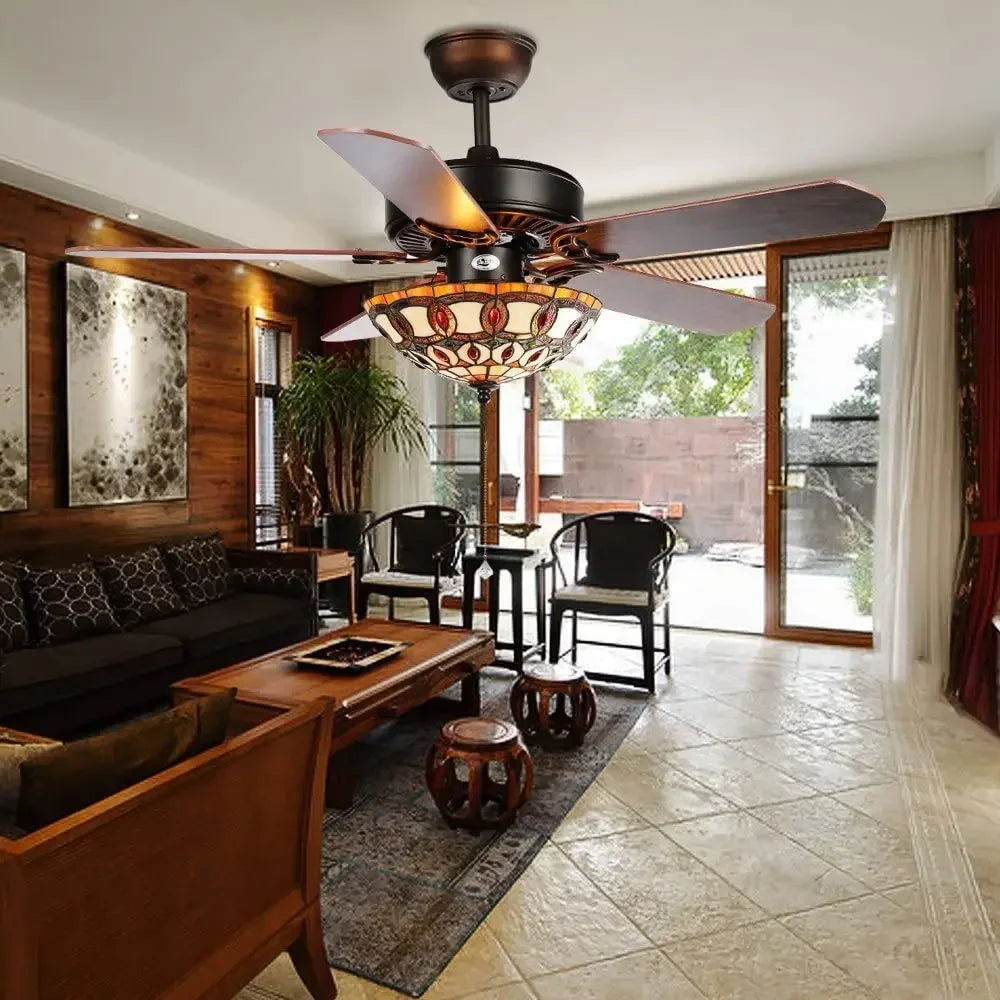 Afralia™ Stained Glass Ceiling Fan with Remote Control and Lights