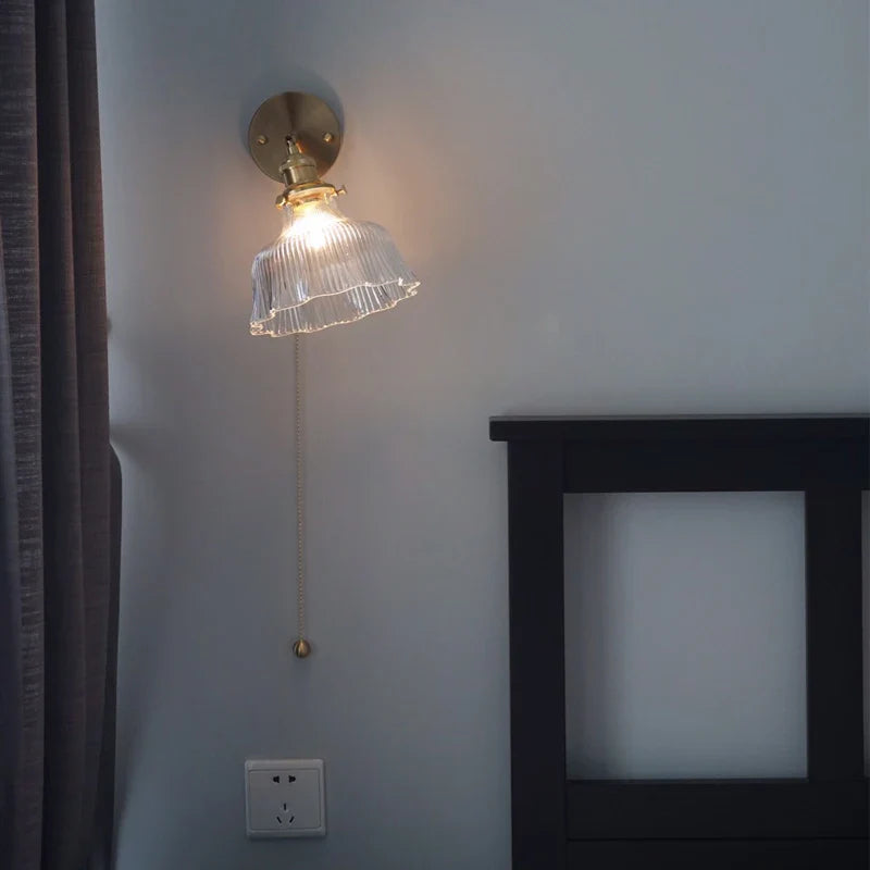 Afralia™ Glass Rotate Copper Wall Sconce | Pull Chain Switch LED Light Fixture