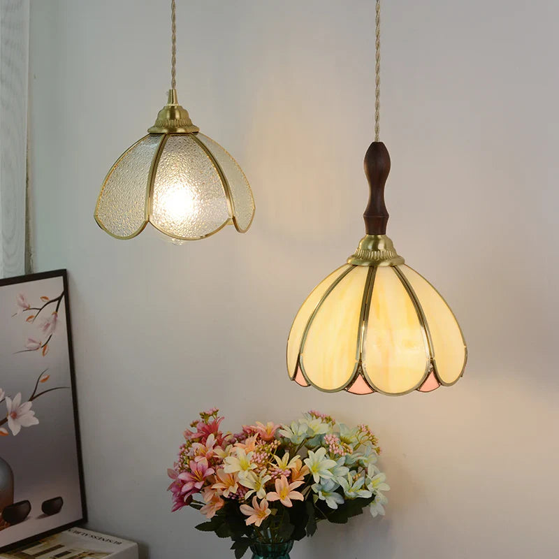 Afralia™ Tiffany Glass Pendant Lamp with Adjustable Walnut Wood, LED Dining Room Lighting