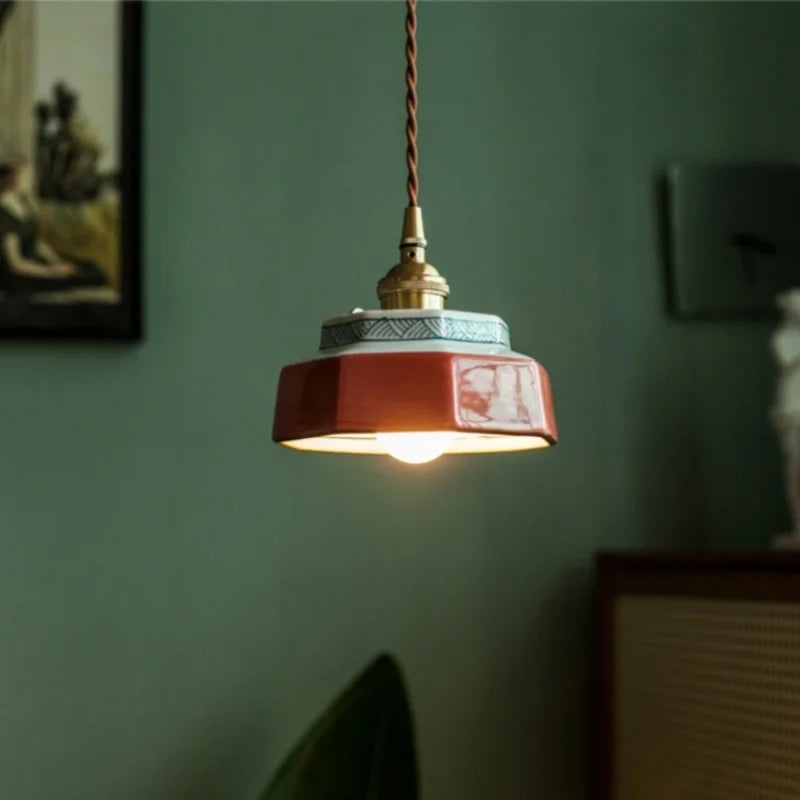 Afralia™ Ceramic LED Pendant Light Japanese Copper Hanging Lamp - Vintage Style